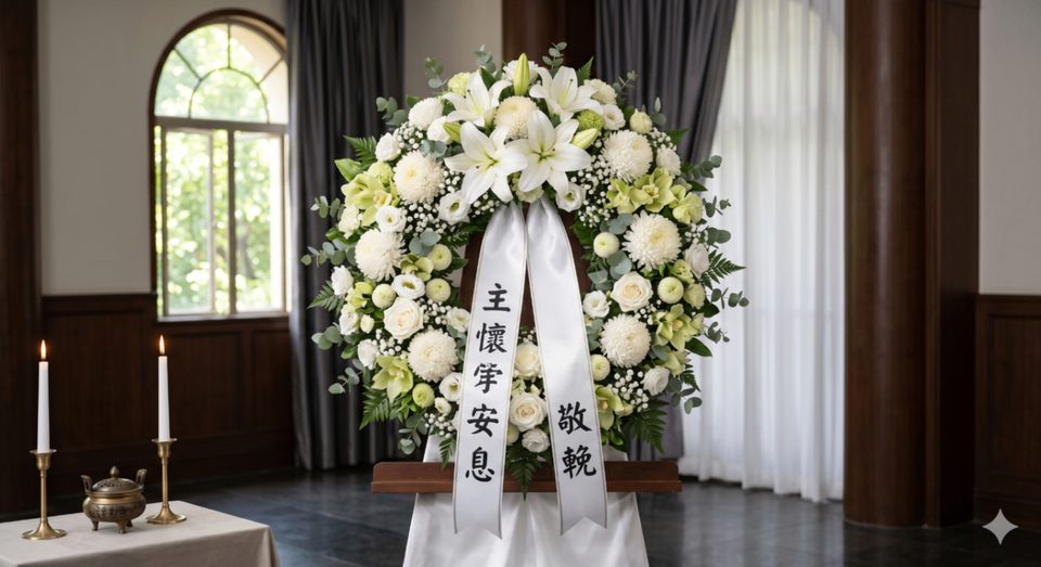 香港醫院出殯院祭服務配圖，展示告別花圈與追思環境